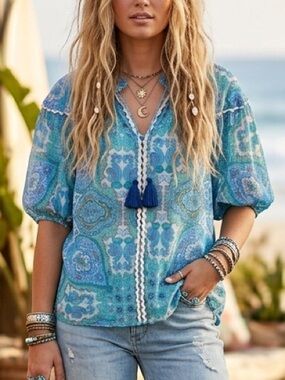 GiGiO Paisley Blue Short Bubble Sleeves Popover Boho Rayon Nylon Lined Top M
